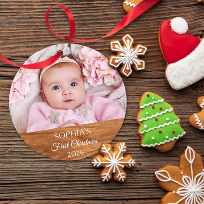 Personalized Baby First Christmas Ornaments Boy and Girl, Custom Photo and Name 2025 Christmas Tree Ornament, Velvet Pouch Included, 3.75" ACM Ornament, Made in The USA - color: Baby Wood