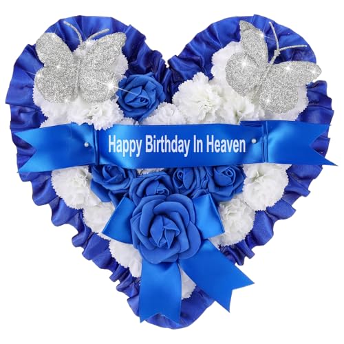 11.4 Inch Memorial Birthday Grave Decorations Happy Heavenly Birthday Decorations for Cemetery Fake Heart Cake for Dad Gravesite Headstones Memorial Gift