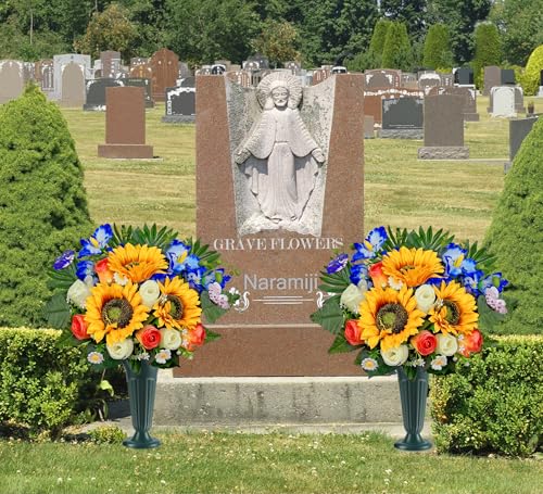 Artificial Cemetery Flowers for Grave Decorations: Sunflower, Rose, Cattleya Bouquet with Vase – Ideal for Sympathy & Memorial Tributes