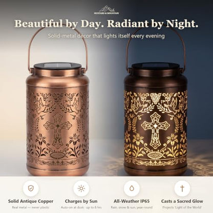 Solar Lantern with with Shepherd Hook Hanging Pole, Cross, Religious Decorations | Decorative Outdoor Waterproof Garden Lantern | Catholic Christian Gift Idea for Home, Yard, Patio, Backyard, Porch