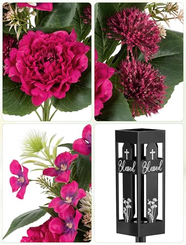 Artificial Cemetery Flowers for Grave: with Vase, 2 Pcs, Hot Pink - color: Hot Pink