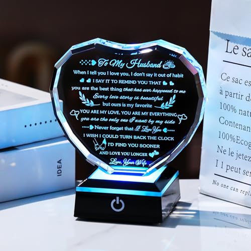 Arikyrist Gifts for Husband from Wife with Colorful LED Base Anniversary Romantic Gifts for Husband Birthday Crystal Keepsake to My Husband I Love You Gifts on Valentine Fathers Day Christmas - style: Husband Gifts + Light Base