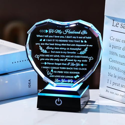 Arikyrist Gifts for Husband from Wife with Colorful LED Base Anniversary Romantic Gifts for Husband Birthday Crystal Keepsake to My Husband I Love You Gifts on Valentine Fathers Day Christmas - style: Husband Gifts + Light Base
