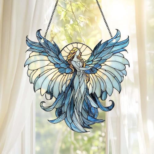 Guardian Angel Acrylic Suncatcher Size 12 inches, Stained Glass Effect Window Hanging Ornament, Garden Decor, Gift for Girlfriend Wife Women Teacher - color: Christian-guardian-angel, size: 12"