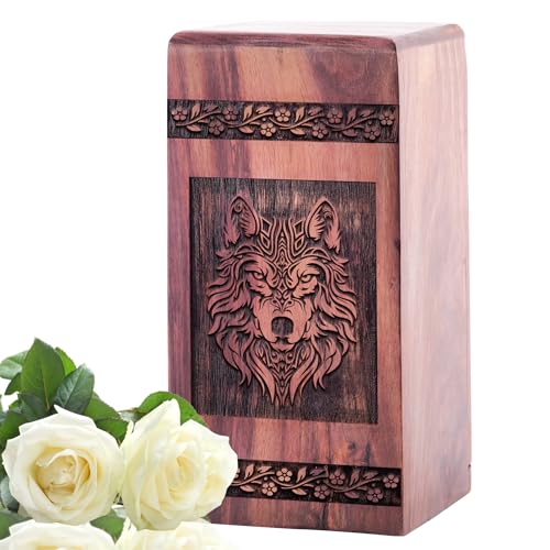 Wolf Wooden Box Urn - Wooden Urns for Human Ashes Adult - Sophisticated Adult - Male Ashes Wooden - Urn with Engraved Wolf - Design for Memorials - Large Urn for Ashes, 11.25x6.25INCH | Funeral Wood Container, Decorative Urns for Human Ashes, Elegant Home