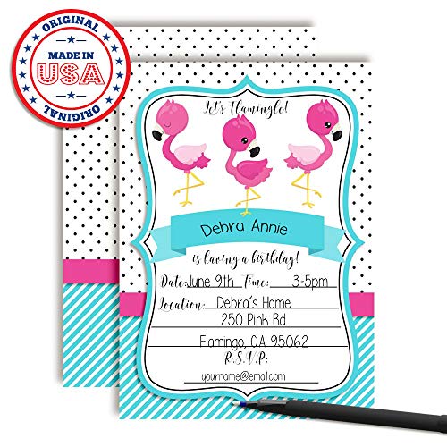 Pink and Turquiose Flamingo Birthday Party Invitations, 20 5x7 Fill In Cards with Twenty White Envelopes by AmandaCreatio - style: Pink and Turquiose Flamingo