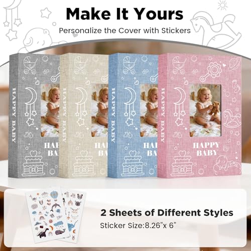 Baby Photo Album 4x6 300 Pockets with Memo Area, Photo Stickers & Hand and Footprint Kit, Linen Cover Baby Memory Book with Front Window, First Year Keepsake for Newborn Boy Girl - color: Gray