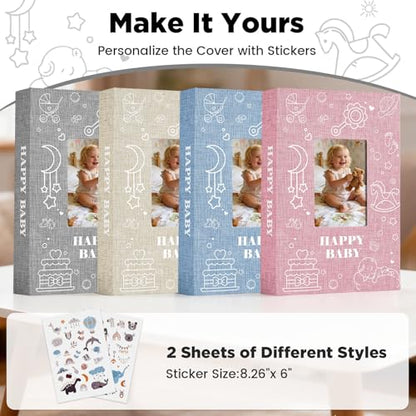 Baby Photo Album 4x6 300 Pockets with Memo Area, Photo Stickers & Hand and Footprint Kit, Linen Cover Baby Memory Book with Front Window, First Year Keepsake for Newborn Boy Girl - color: Gray