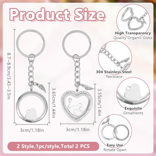 2PCS Pet Ashes Keychain Dog Hair Keepsake Fur Locket Keychain Cat Dog Remembrance Jewelry with Wing Heart Rhinestone Pet Memorial Urn Keyring for Cats Dogs Women Men Loss Pet Sympathy Gift - color: Silver Keychain