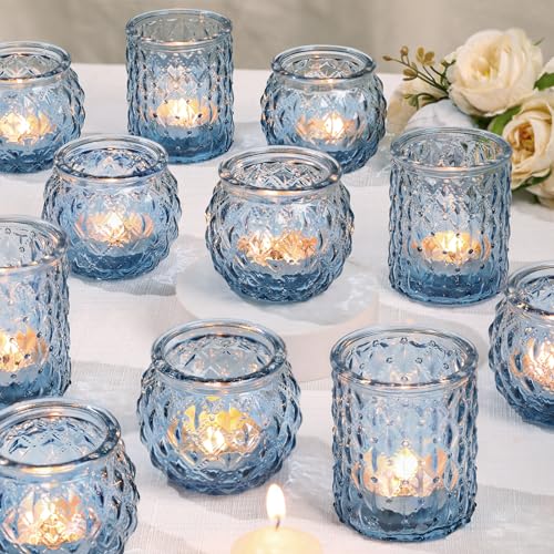 DARJEN Blue Votive Candle Holders Set of 24- Round Candle Holders Bulk, Glass Candle Holder for Vintage Decoration, Tea Lights Candle Holders for Wedding Shower, Party & Gift - color: Blue, size: 24 Pcs