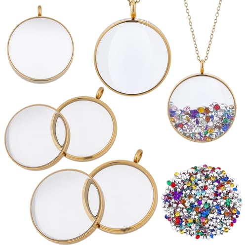 1 Box 2 Sizes Real 18K Gold Plated Sterling Floating Locket Locket Necklace Stainless Steel with Chain 500Pcs Rhinestone Round Memory Keepsake Picture Pendant Necklace for Women Nostalgic - style: 29&34mm gold