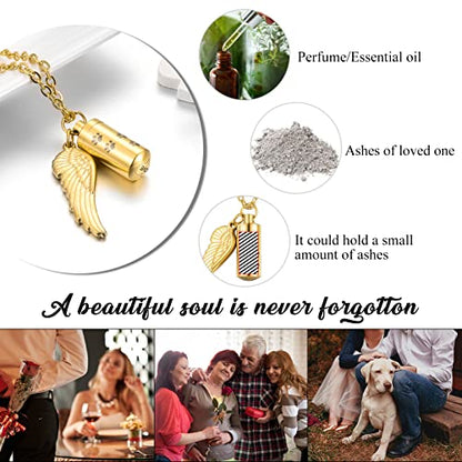 abooxiu Cylinder Cremation Urn Necklace with Angel Wing and Pet Paw - Ashes Keepsake for Dog/Cat Memorial Jewelry - color: Gold-S