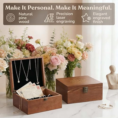 shop4ever Custom Wooden Keepsake Box, Floral Design And Name, Storage | Personalized Engraved Design, Photo Holder, Document Holder, Memory Keeper, Keepsake Container, Wood Box, Birthday Gift