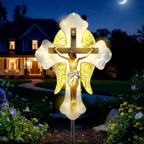 Solar Glass Jesus Cross Outdoor Light Power Stake Tombstone Wings Jesus - color: Jesus
