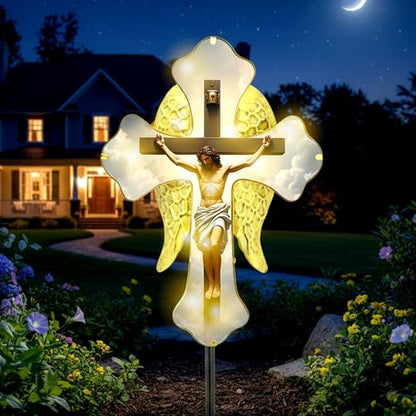 Solar Glass Jesus Cross Outdoor Light Power Stake Tombstone Wings Jesus - color: Jesus