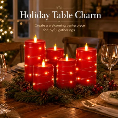 Upinmz Red Flameless Candle with Remote Control and Timer,Flickering Battery Operated Candles with String Lights,LED Pillar Candles,Set of 3 - size: Red-Wax-3 Pack