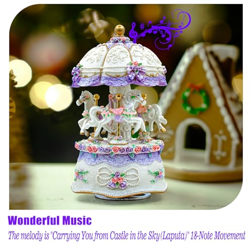 Carousel Music Box,Luxury Color Change LED Light ,Luminous Rotating 3-horse | Luminous Music Box, musical box with Gift Box for Girls Birthday Valentine Gift (Castle in the Sky, Purple) - color: Purple, style: Castle in the Sky