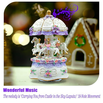 Carousel Music Box,Luxury Color Change LED Light ,Luminous Rotating 3-horse | Luminous Music Box, musical box with Gift Box for Girls Birthday Valentine Gift (Castle in the Sky, Purple) - color: Purple, style: Castle in the Sky