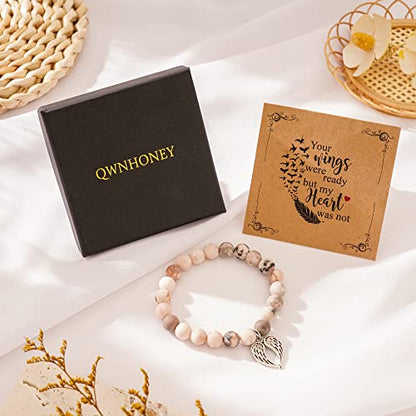 QWNHONEY Memorial Gifts for Loss of Loved Sympathy Remembrance In Memory of Mother Father Pet Bereavement Grief Pink Red Beads Bracelet with Angle Wings Jewelry Gifts for Women - style: Pink-Wings-You left me beautiful memorie
