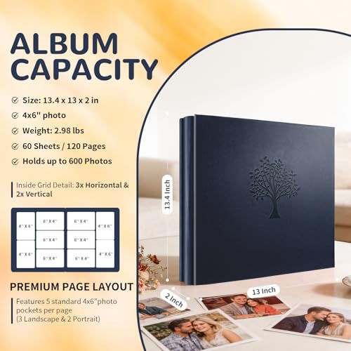 Photo Album 4x6 600 Pockets Slip In Extra Large Capacity | PU Leather Cover Picture Album Holds Horizontal & Vertical Photos for Family Wedding Baby Anniversary Christmas Gift - color: Navy Blue