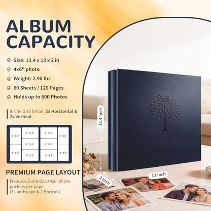 Photo Album 4x6 600 Pockets Slip In Extra Large Capacity | PU Leather Cover Picture Album Holds Horizontal & Vertical Photos for Family Wedding Baby Anniversary Christmas Gift - color: Navy Blue