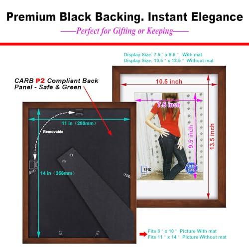 RPJC 11x14 Solid Wood Picture Frame Real Glass Cover Brown - color: Brown, size: 11x14 mat 8x10