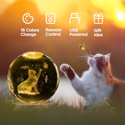 Crystal Ball Night Light Cat Lamp, 3.15 Inch Cat Figurines with 16 Color Wooden LED Base, Birthday & - color: Cute Cat
