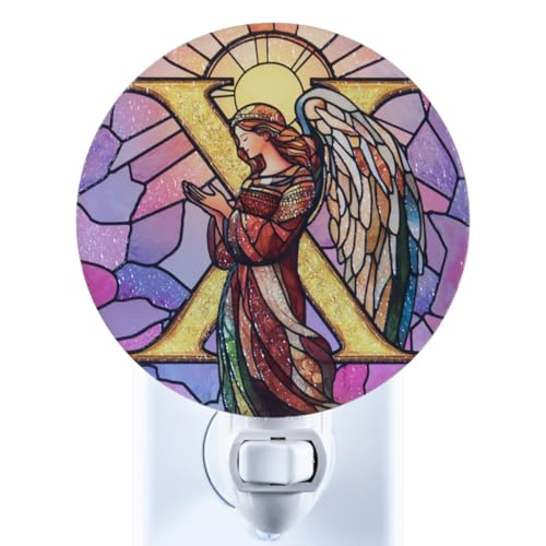 Angel Monogram Night Light – Stained Glass Styled Plug-in Wall Lamp, Victorian Inspired Letter X Design with Manual Switch & Bulb Included – Bedroom, Hallway, Nursery Gift NLA-C028 - color: X