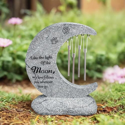 Pet Dog Memorial Stone Headstone Grave Marker with Windchimes | Pet Gravestone for Dog Lost, Moon Shape, Weatherproof, Handmade of Resin, Sympathy Pet Dog Cat Memorial Gifts Outdoor