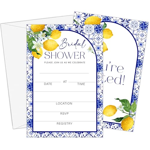 Mediterranean Lemon Bridal Shower Invitations | Italian Blue Tiles Bridal Shower Arched Invite Cards with Envelopes, 25 Spring Floral Party Invites-A11 - style: italian blue tiles
