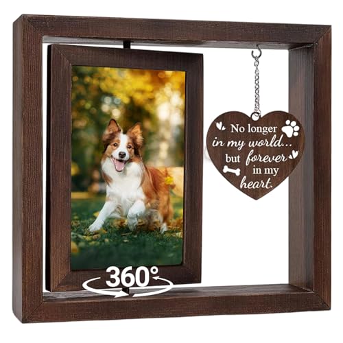 Tsxcnaa Dog Memorial Frame, Pet Memorial Picture Frame for 4’x6’ Photo with Wooden Rotating Heart, Dog Memorial Gifts for Loss of Pet, Remembrance Keepsake Gift for Pet Lover