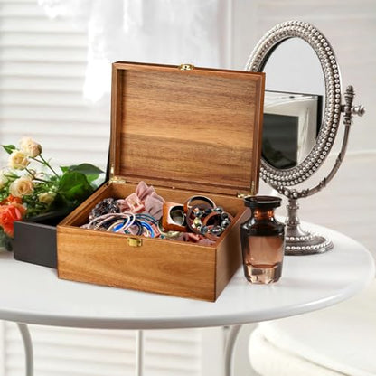Wooden Keepsake Box, Large Acacia Decorative Storage Boxes | with a Hinged Lid, Memory Treasure Box with Dividers for Crafts and Photo Storage