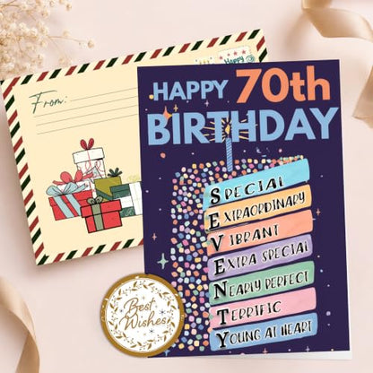 70th Birthday Card, Happy 70th Birthday CardS for Women Men with Seal and Envelope, 70 Year Old Birthdayy Cards for Mom Dad Grandma Grandpa Wife Husband Friend - color: 70th