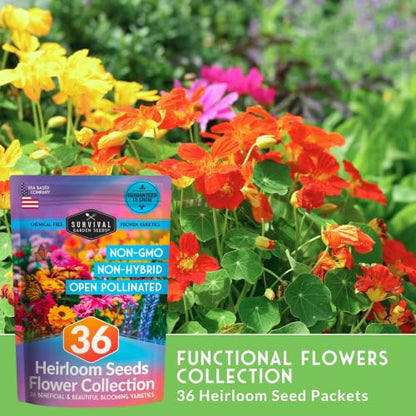 Flower Garden Seeds 36 Variety Kit - Heirloom Starter Pack | 36 Packs of Annual & Perennial Flowers for Planting – Wildflowers for Pollinators, Bees, Butterflies - Survival Garden Seeds