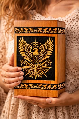Handcrafted Wooden Urn Box with Eagle & Compass Engraving | Premium Memorial Ashes Urn | Decorative Keepsake Box [Available urn Box in 5 Different Sizes] ((Medium [9.5X5.5] 180 Cubic INCHES)) - size: (Medium [9.5X5.5] 180 Cubic INCHES)