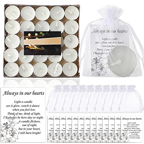 Coume 50 Set Funeral Favors - Tealight Candles, White Candles with Condolence Cards and Organza Bags for Guest Memorial Party (Minimalist) - style: Minimalist