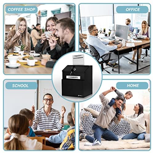 Adir Suggestion Box with Slot and Lock with 25 Comment Cards and Label Stickers, Black