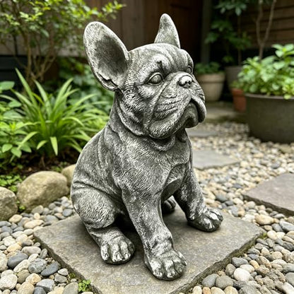 French Bulldog Statue, 15.75 in Weathered Gray Resin Dog Sculpture | Upright ears, defined facial folds, broad front paws; porch patio entryway accent, Frenchie lover and housewarming gift - color: French Bulldog