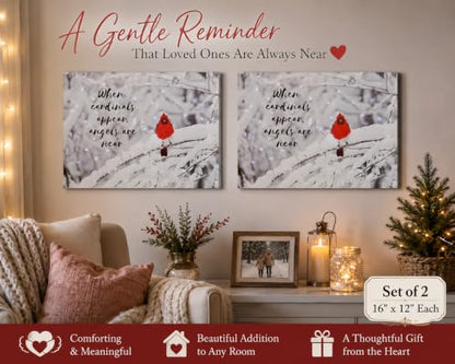 Cardinal Memorial LED Canvas Wall Art Set of 2 – Lighted Winter Snow Scene with “When Cardinals Appear Angels Are Near” – Sympathy Gift for Loss of Loved One – Battery Operated Wall Décor – 16" x 12"