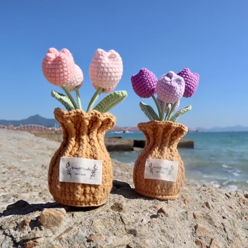 Tulip Crochet Flower Potted Plant Handmade Desk Decor Gift - color: D-tulip-purple