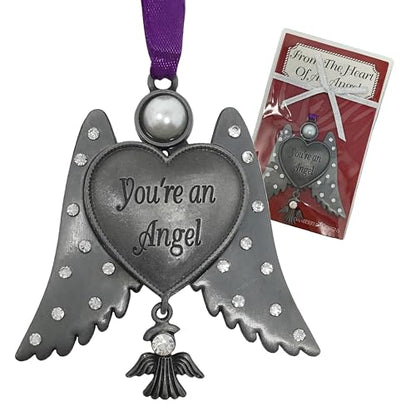 Guardian Angel Wings Ornament with Pearl & Crystal Accents – “You’re an Angel” Engraved Heart – Memorial Angel Gift, Sympathy Keepsake, Christmas Ornament, Remembrance Gift