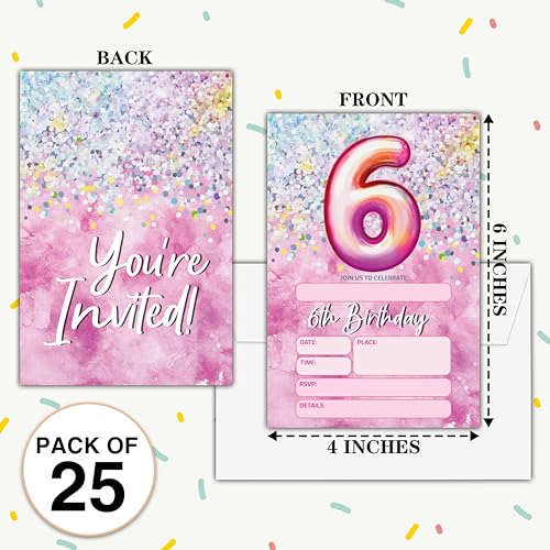 Birthday Invitations - Pink 6th Birthday Invites with Envelopes(25-Count) - Rainbow Foil Fill-in Party Invite Cards for Girls Kids Party Supplies Favors Decorations - A20 - style: Pink 6th