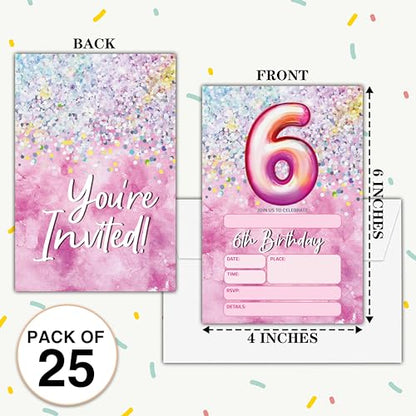 Birthday Invitations - Pink 6th Birthday Invites with Envelopes(25-Count) - Rainbow Foil Fill-in Party Invite Cards for Girls Kids Party Supplies Favors Decorations - A20 - style: Pink 6th