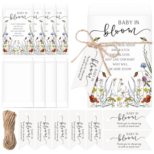 Fumete 50 Pcs Baby in Bloom Seed Packet Party Favors Wildflower Baby Shower Self Adhesive Envelopes for Guests with Thank You Tags Kraft Mini Organizer Decorations for Party Gift, No Seeds