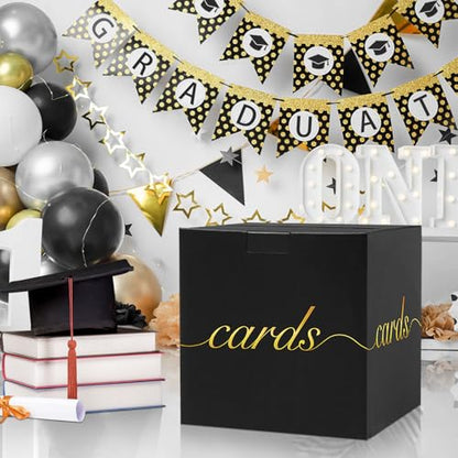 Black Card Box Gold Foil Wedding Favors Gift Card Boxes Post Box Receiving Money Box Holder for Wedding Reception, Baby Showers, Anniversary, Birthday Party, Retirement, Graduation Envelope Holder - color: Black and Gold