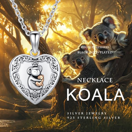 MEDWISE 925 Sterling Silver Locket Necklace That Holds Pictures Photo Necklace Oxidized Rose Flower/Sunflower/Compass/Celtic Heart Pendnat Lockets Gifts for Women Birthday Christmas Gifts - style: J-Custom Koala