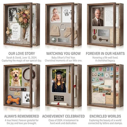 Shadow Box 13x16 Large Display Case with Linen Back and 8 Stick Pins, Solid Wood Memory Box Frame with Magnetic Door for Photos, Medals, Tickets, Wedding Bouquet and Memorabilia