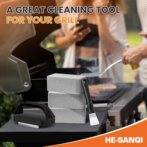 Grill Brick for Cleaning Flat Top, Heavy Duty Grill Stone Griddle Brick | Pumice Grill Cleaning Brick with Handle & Scraper, Griddle Cleaner for Removing Stubborn Grease, Rust (5 PCS) - color: Gray-5 PCS