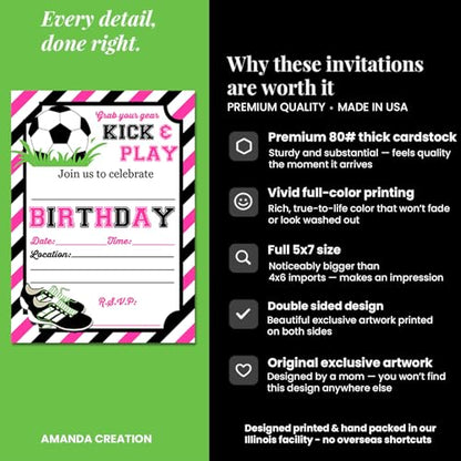 Pink & Black Kick and Play Soccer Themed Birthday Party Invitations for Girls, 20 5x7 Fill In Cards with Twenty White Envelopes by AmandaCreation - style: Pink & Black Kick and Play Soccer