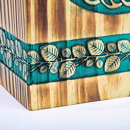 Wooden Cremation Urn for Human Ashes, 250 Cu in, X-Large, Teal & Gold | Hand-carved wood, teal over gold, screw-locked sliding base, engraving available, holds up to 250 lb - color: Teal & Gold, size: Large - 11.25Hx6.25W (250 Cu/In)